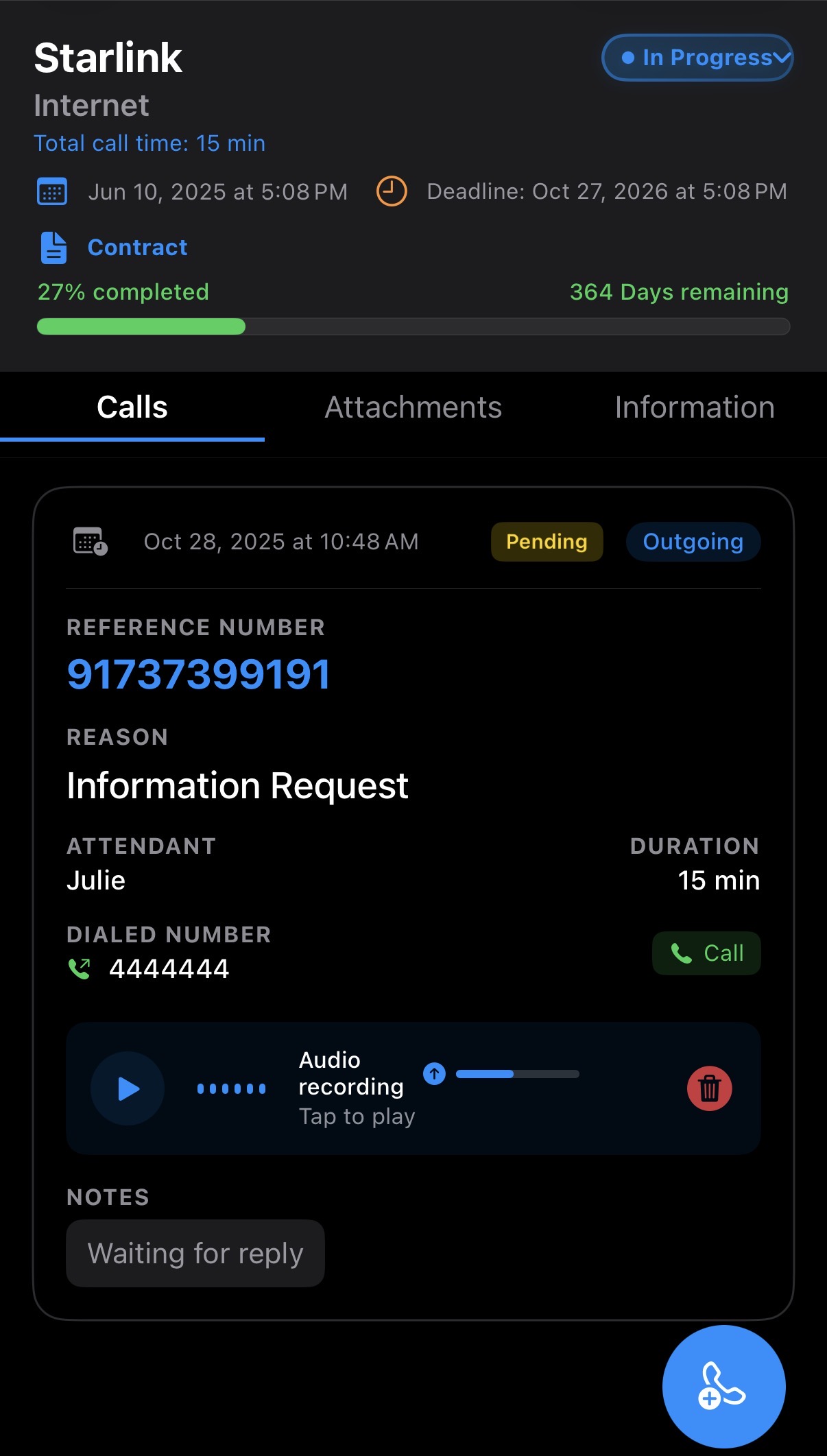 Registro view with call summary in Registra app